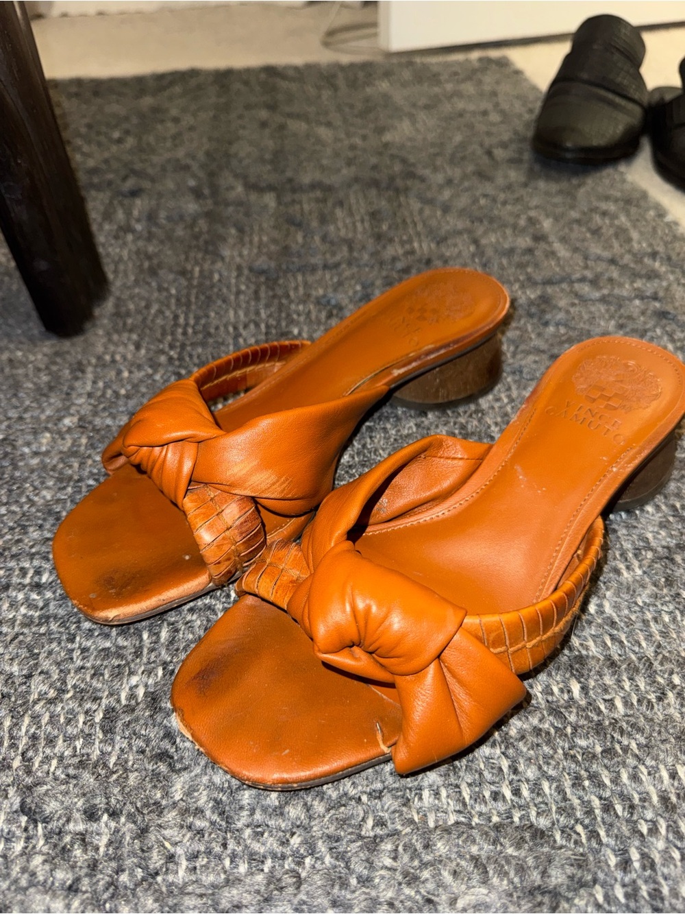 Vince Camuto Cognac Leather Knot Slide Sandals